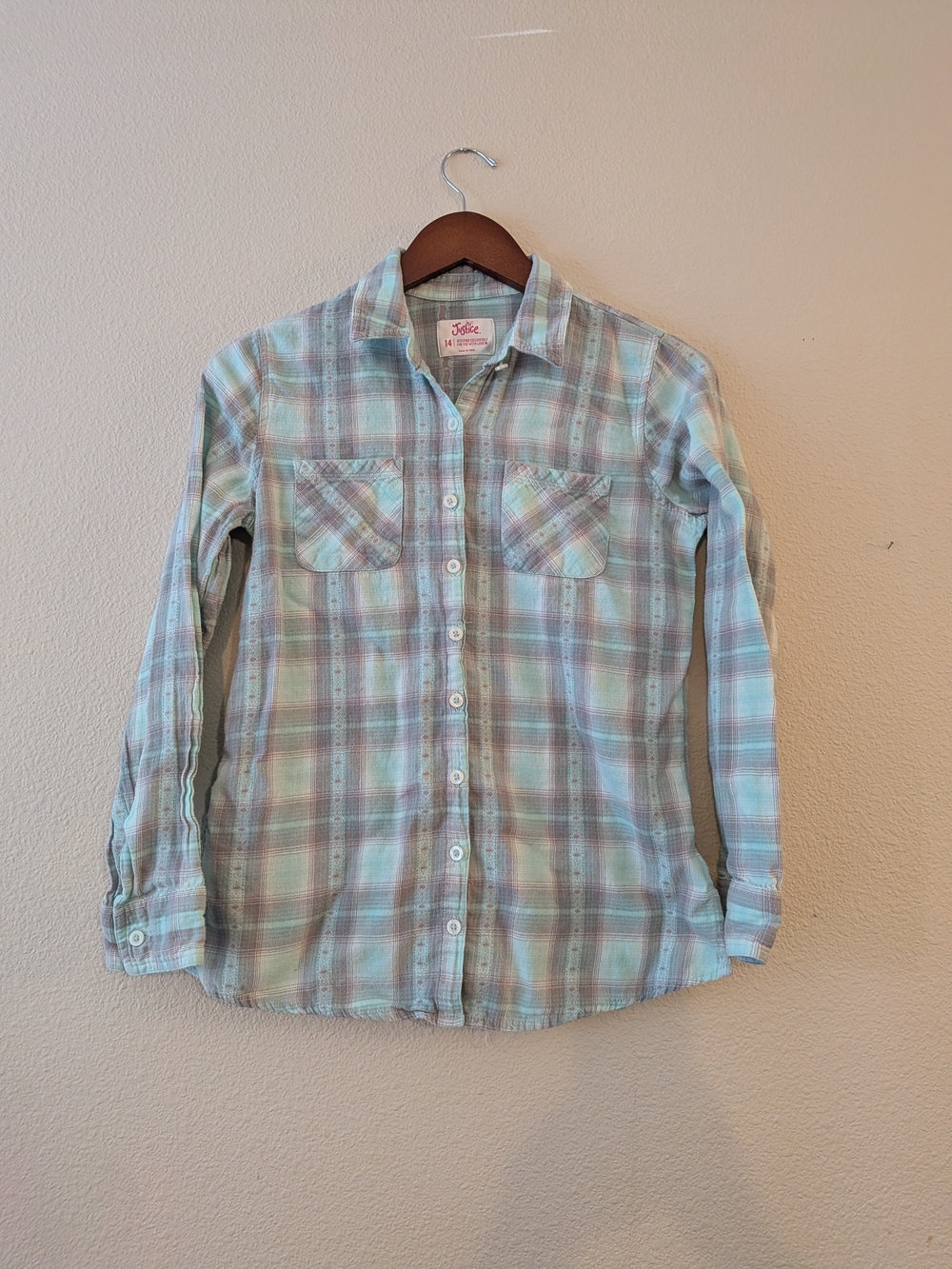 Justice Girl's Mint And Grey Button-Up Shirt